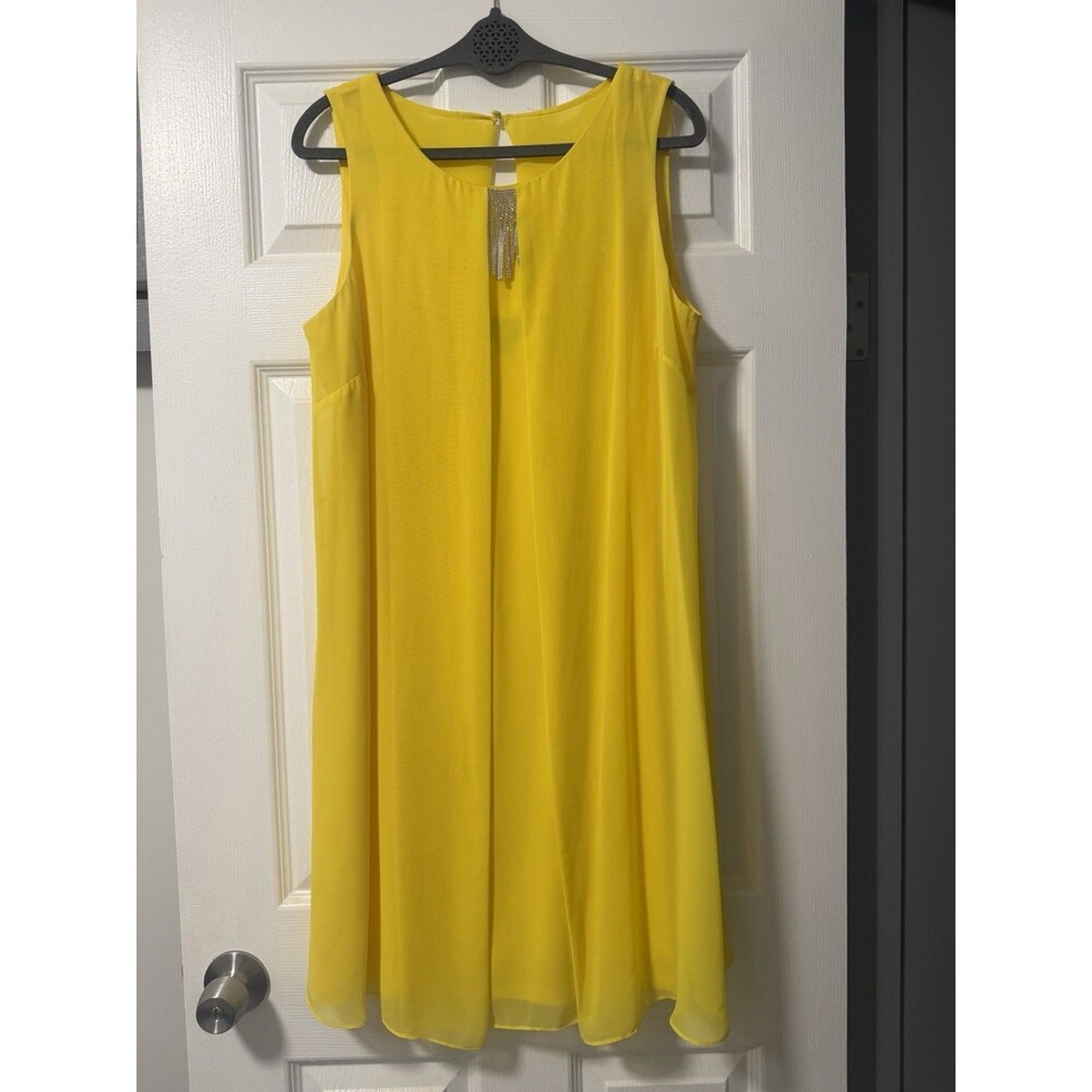 MSK Women Goddess Yellow Rhinestone Fringe Chiffon Shift Dress 16W